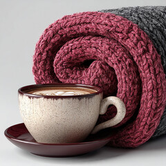 Close up of a coffee cup with latte art next to a rolled knitted blanket in burgundy and gray colors