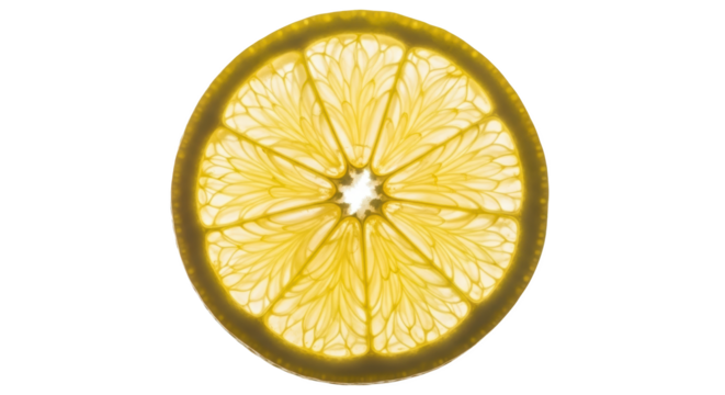 Translucent yellow lemon slice with visible segments and rind detail illuminated from behind isolate Citrus Fruit Texture Food Healthy Fresh Juicy Pattern