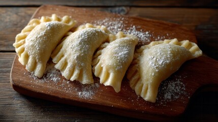 Golden pierogi nestled with sugar dust, evoking Slavic nostalgia, Kazimierza Festival, and Lent's culinary whispers on rustic wood
