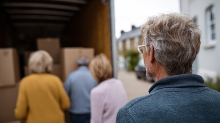 Elderly group embarking on whimsical downsizing odyssey, celebrating Dia de la Familia, Scandinavian heritage, in cozy autumnal street scene