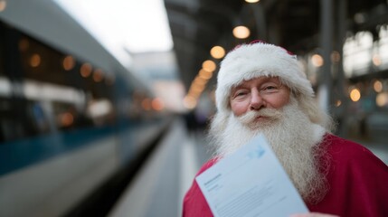 Elderly Caucasian man in festive attire holds ticket, blending Yuletide wanderlust with whimsical train station Christmas magic