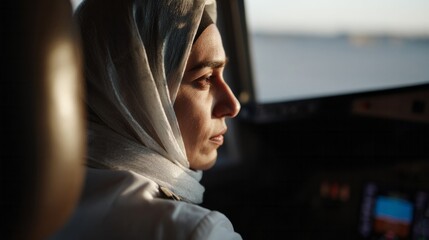 ```A focused Middle Eastern female pilot navigates vast azure skies, celebrating International Civil Aviation Day and World Hijab Day```