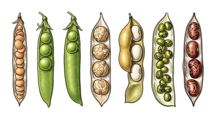 Collection of fresh and healthy legumes and beans in their natural pods. Botanical illustration featuring green peas, lentils, chickpeas, and soybeans, perfect for culinary use