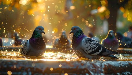 Birds are cooling off in water with sunlight bokeh in background