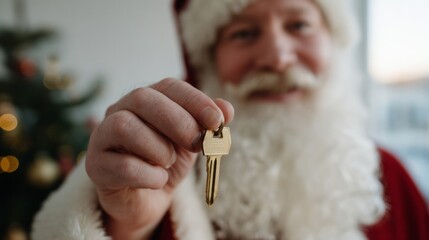 Santa offering a whimsical golden key, symbolizing doorways to magic on Christmas Eve, merging folklore with yuletide charm