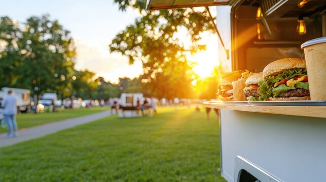 Artisan burger food truck serving fresh gourmet burgers in a busy park during golden hour low angle view - Powered by Adobe
