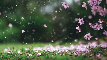 Gentle pink cherry blossoms drift down onto lush green grass in this serene spring moment