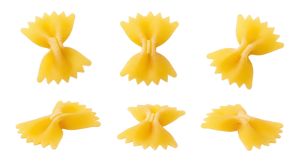Six Individual Uncooked Farfalle Pasta Bow Ties Golden Yellow With Wavy Edges Positioned Across A Transparent Background Isolate Bowtie Food Italian Dry Raw