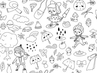Kawaii Autumn Kids and Animals Seamless Pattern — Cute Fall Line Art Design Adorable kawaii-style seamless pattern featuring playful children walking in autumn, cute forest animals like a hedgehog 