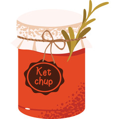 Jar of Ketchup with Rustic Label and Green Herb Garnish on Transparent Background Simple Food Illustration