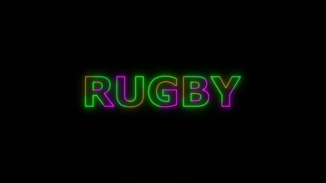 RUGBY colored text. Laser vintage effect. Infinite loadable, 4 ti neon color , neon sign glowing against a black background wk video.