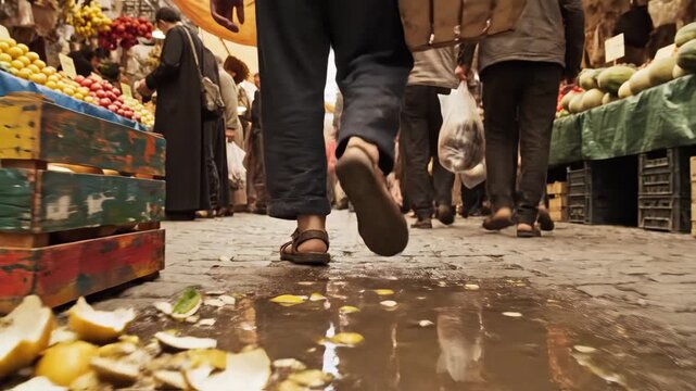 Footsteps echo through the lively market as people maneuver around vibrant stalls filled with fresh produce and colorful goods. The sound of conversations and laughter fills the air.
