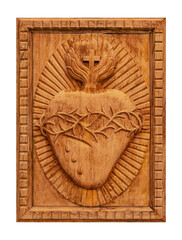 Jesus Christ, Catholic, sacred heart wooden carving, real wooden carving, hand-made, Jesus' crown of thorns.
