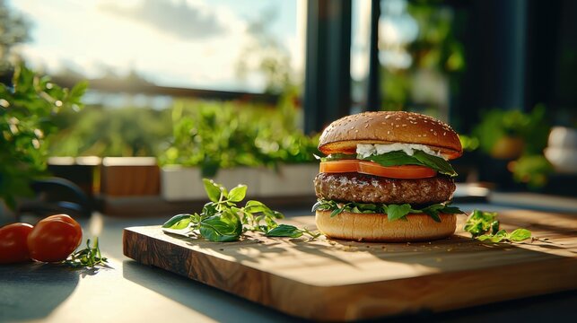 Bbq gourmet burger showcase at rustic table golden hour lighting angled view highlighting smoky glaze and fresh herbs