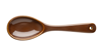 Vintage spoon-shaped ceramic nameplate with glossy brown finish, isolated on transparent background
