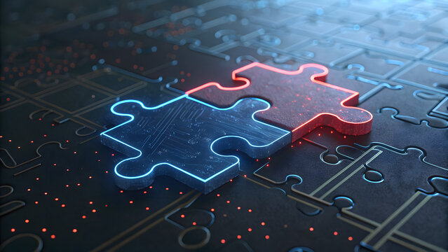 Macro tech jigsaw on circuit board with neon piece