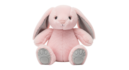 A soft plush pink bunny toy with large grey inner ears and grey paw pads seated and looking forward isolate rabbit stuffed animal cute child baby easter