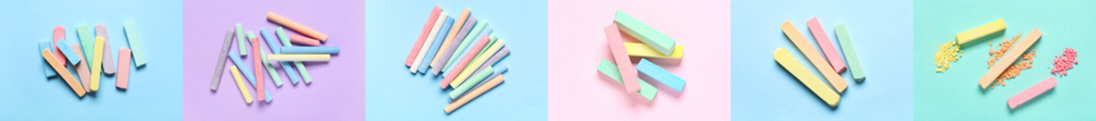 Collage of chalks on color background
