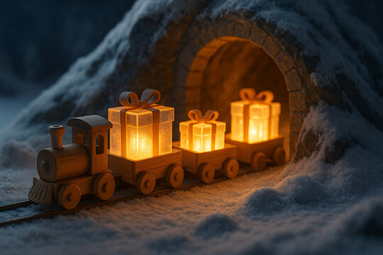 Wooden toy train carrying glowing gift boxes emerging from snowy tunnel, festive christmas miniature scene illuminated with warm golden light, holiday winter decoration symbolizing joy travel and chil