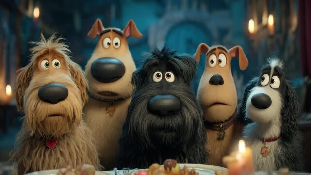 A group of animated, cartoon dogs looking forward in a dimly lit scene with candles and food