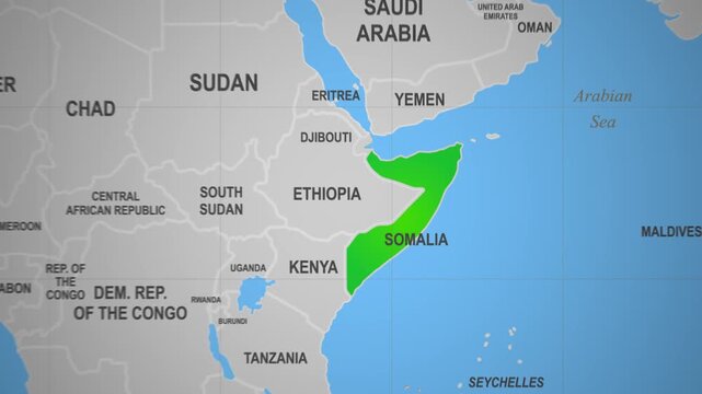 Somalia highlighted on a world map view
