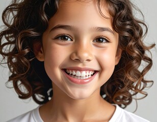 A young child with curly brown hair smiles brightly