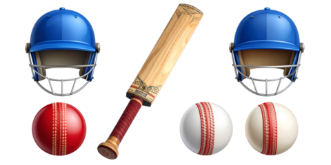 set of cricket bat, red ball, white balls and helmets isolated on transparent background
