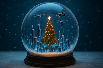 Futuristic snow globe with christmas tree surrounded by flying drones above illuminated city skyline, modern holiday decoration concept blending technology innovation and festive celebration under sno
