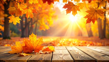 Golden light shines through a forest with maple leaves, seen from wooden table with leaves