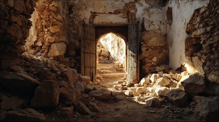 Sunlit ancient stone ruins with weathered wooden doorway opening to a mysterious pathway