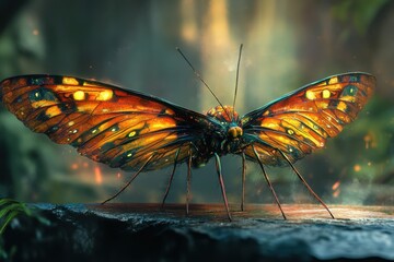 Vibrant butterfly perched on a textured surface in a serene home office setting with natural light streaming through window