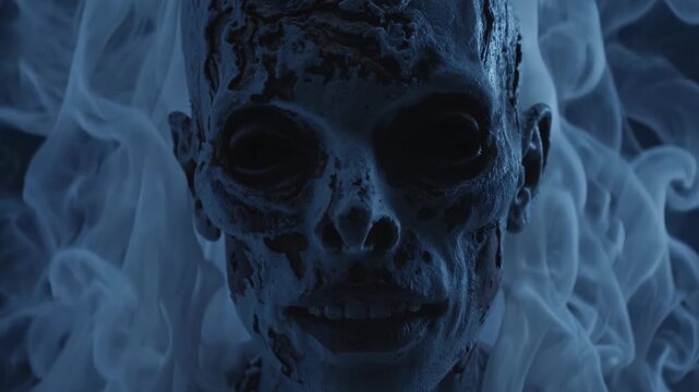 Skull mask figure stares forward. Decayed face shows hollow eye and teeth. Horror evokes zombie undead creature. Ghost veil frames scary creepy mask and eerie. Halloween horror hints lurking monster.