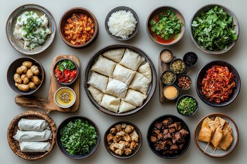 Culinary exploration feast of diverse dishes kitchen table food photography vibrant aerial view flavorful experience