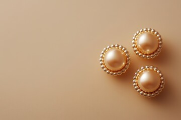 Golden earrings adorned with pearls resting elegantly on a soft pastel beige surface in a minimalist setting