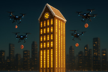 Delivery drones flying around tall gingerbread skyscraper glowing with warm light in futuristic city skyline, innovative christmas concept combining technology architecture holiday spirit and modern u