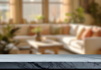 Empty marble top table with blurred living room interior Background. for product display.