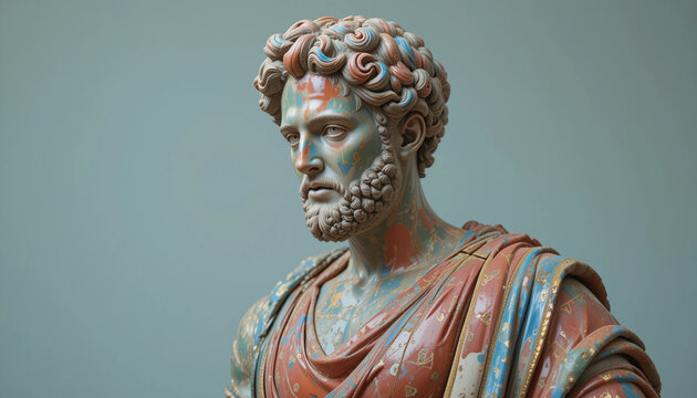 Statue grecque romaine homme antique philosophe color&eacute;e peinture. Barbe boucl&eacute;e toge.