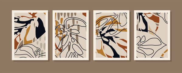 Set of abstract wall art vector. Leaves, organic shapes, tropical leaf in hand drawn style. Wall decoration collection design for interior, poster, cover, banner.