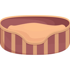 Oval shaped pet bed with striped brown and tan fabric interior and exterior clean simple illustration on transparent background