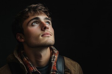 Confident young man gazes upward with intention in a dark setting, showcasing emotion and depth in expression with casual attire