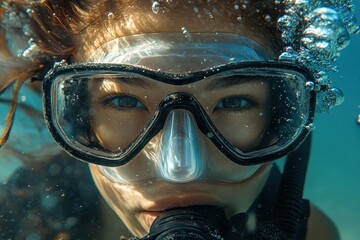Girl exploring underwater wonders while scuba diving in crystal clear tropical waters surrounded by vibrant marine life