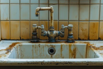 Kitchen sink repair and maintenance with plumbing tools visible in a worn-out and stained sink area during the day