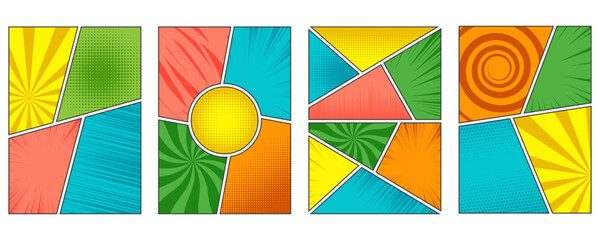 Comic book background. Manga templates and layout pages with grid. Anime backdrops set with collage of halftone effect and speed lines. Vector illustration