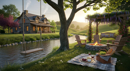 Tranquil countryside evening with a rustic home, calm river, cozy fire pit, and inviting picnic, under a beautiful sunset