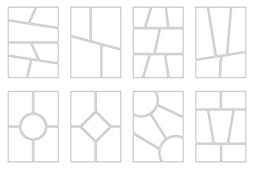 Manga book frames with vertical pages on white background. Comic panels with grid for japanese storyboard and photo. Empty mockups set for magazine.