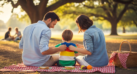 Young family sharing a beautiful and heartwarming picnic moment in a sun-drenched park, embodying togetherness, love, and cherished outdoor memories during a golden afternoon