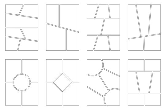 Manga book frames with vertical pages on white background. Comic panels with grid for japanese storyboard and photo. Empty mockups set for magazine.