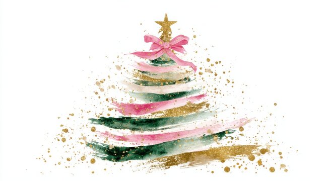 Watercolor Christmas tree with pink ribbon and golden splashes painted in soft festive style isolated on white background perfect for holiday greeting cards and decor prints