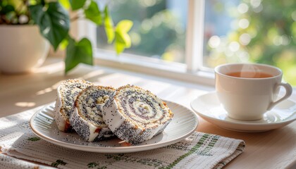 Slices of poppy seed roll cake with icing on a plate, placed beside a teacup near a sunlit window. Light bokeh and gentle contrast evoke a peaceful, homey tea break mood.