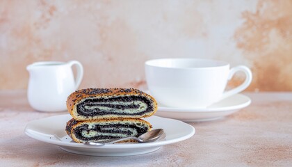 Modern minimalist still life showing poppy seed roll slices stacked on a white ceramic plate, paired with a matching teacup and spoon. Neutral background with soft focus and pastel tones.